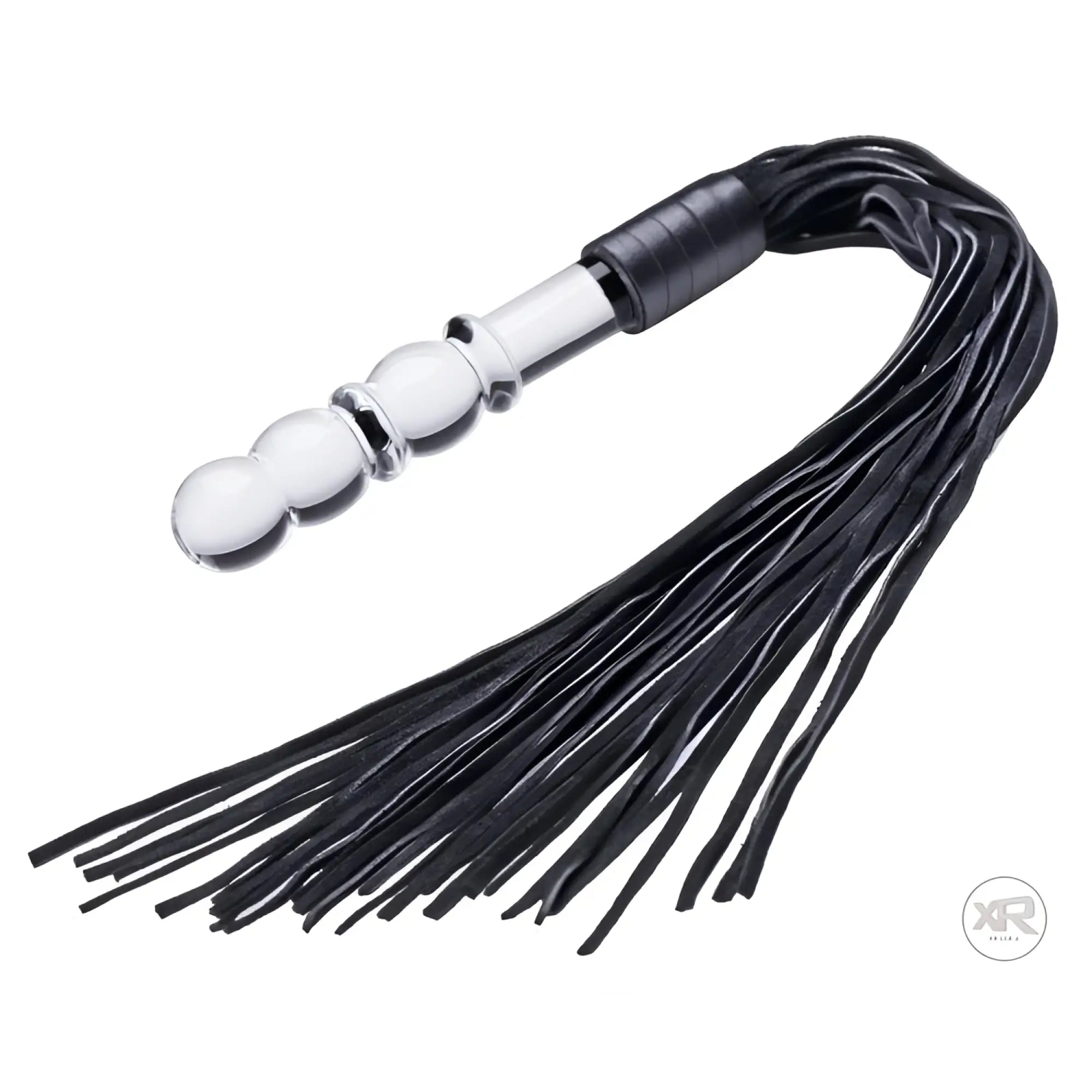 Prisms Erotic Glass Lingam Flogger featuring a clear, beaded glass handle attached to long, black leather strips.