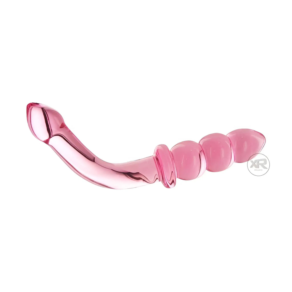 Prisms Erotic Glass P-Spot Dildo: a translucent pink, curved glass massager with a flared base and beaded handle.