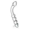 Prisms Erotic Glass P-Spot dildo: a clear, curved borosilicate glass probe with a textured, beaded base.