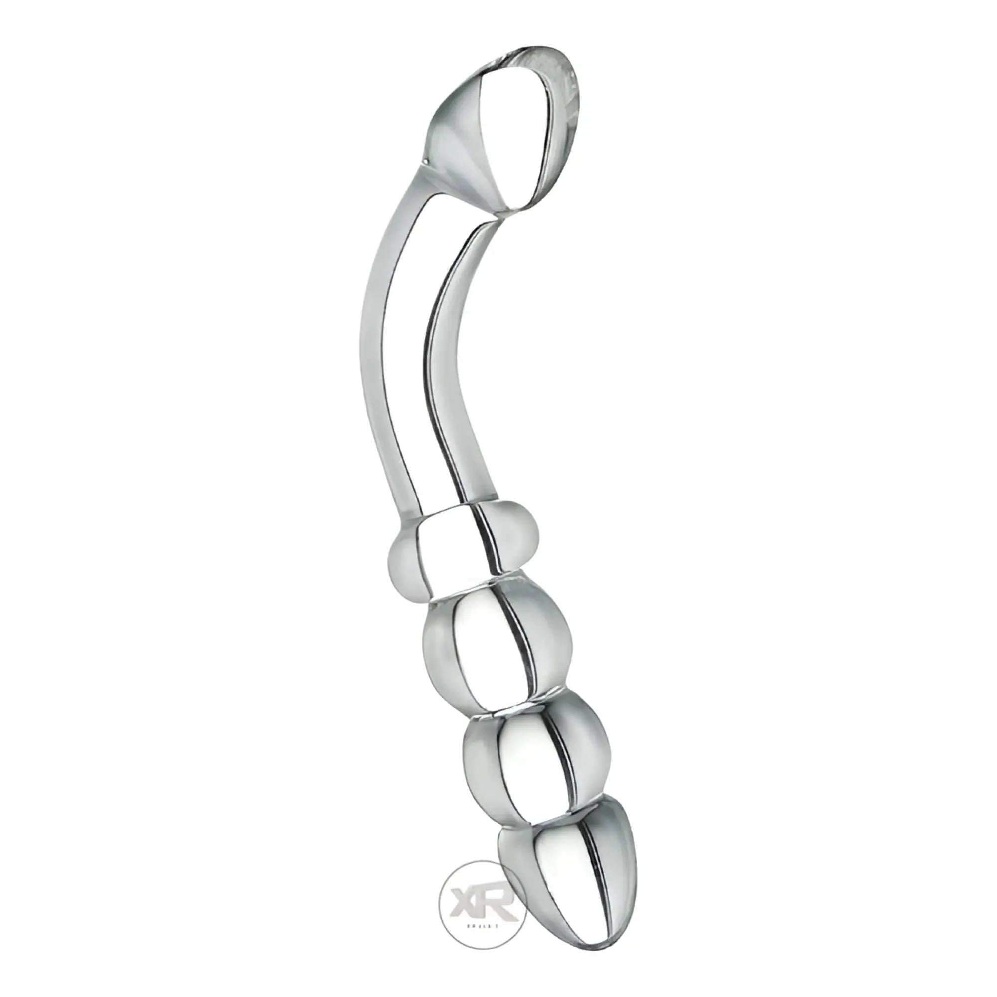 Prisms Erotic Glass P-Spot dildo: a clear, curved borosilicate glass probe with a textured, beaded base.