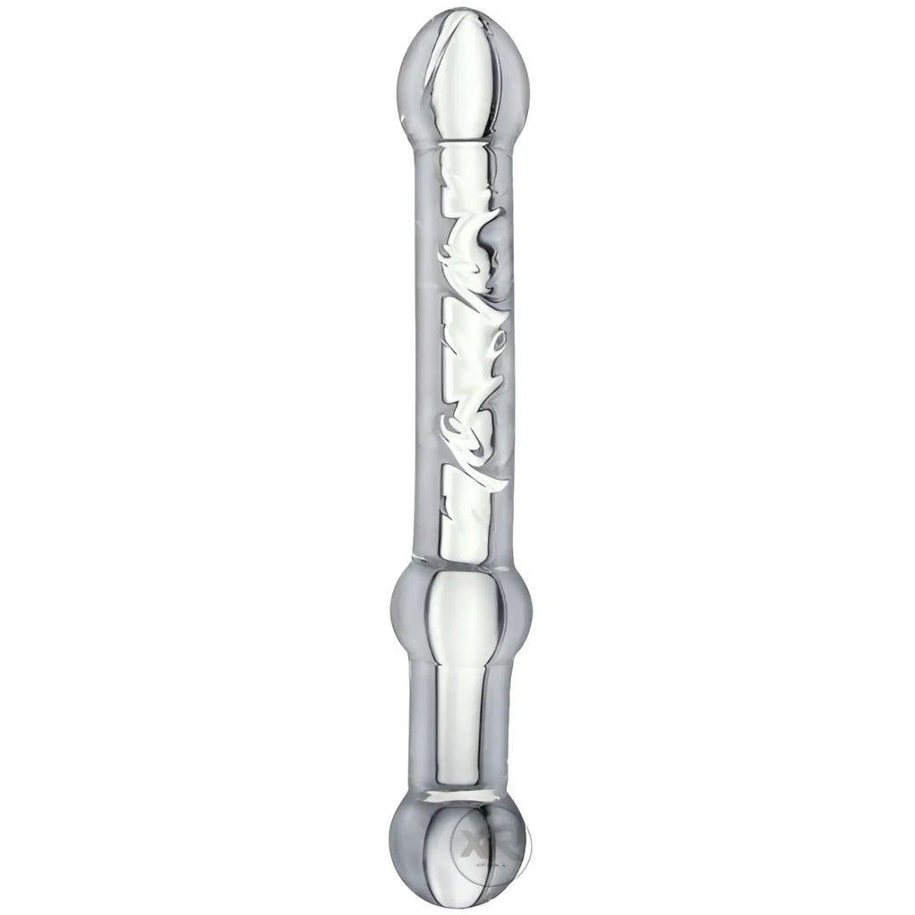 Prisms Erotic Glass Prana thrusting dildo, a clear, transparent glass phallic toy with a textured middle section.