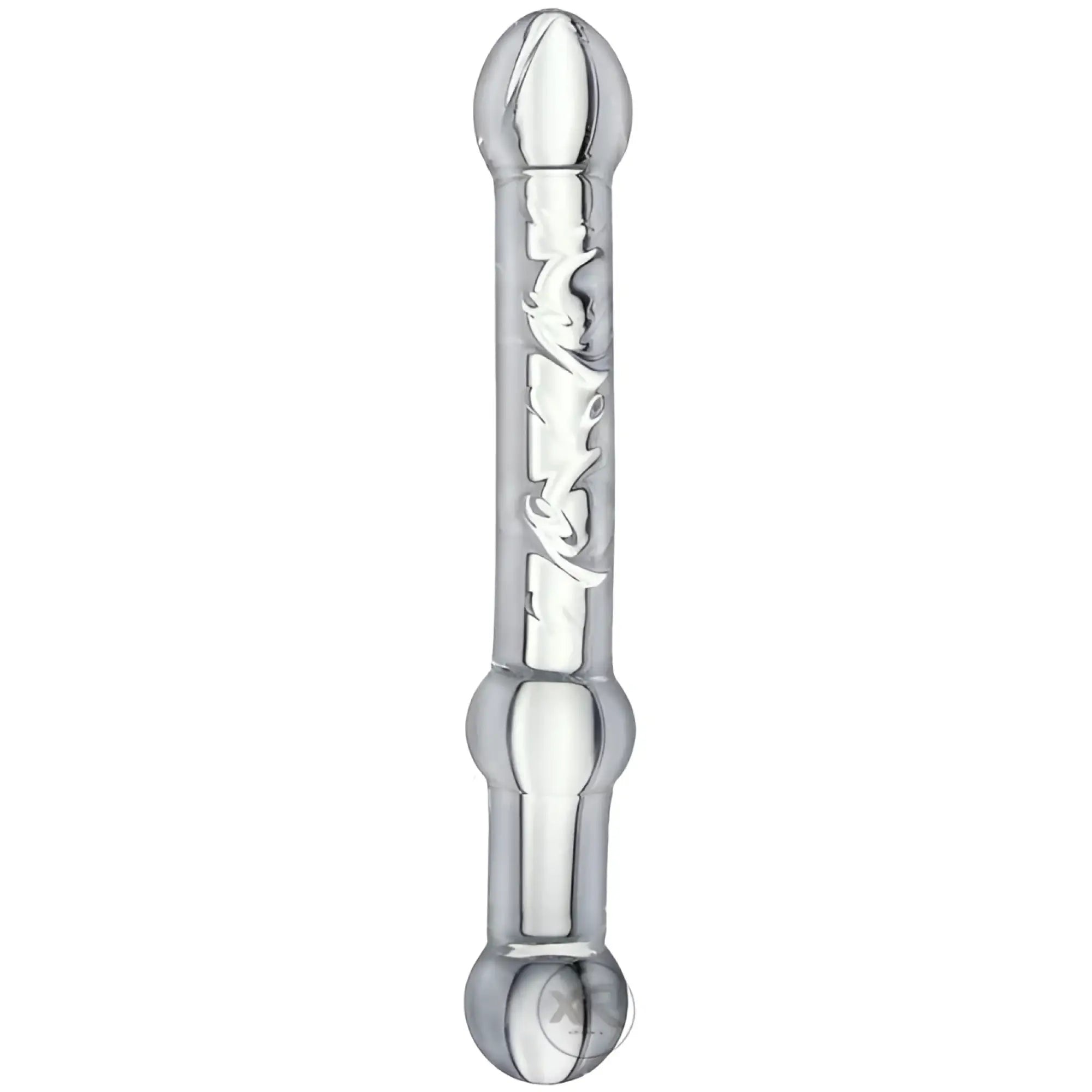 Prisms Erotic Glass Prana thrusting dildo, a clear, transparent glass phallic toy with a textured middle section.