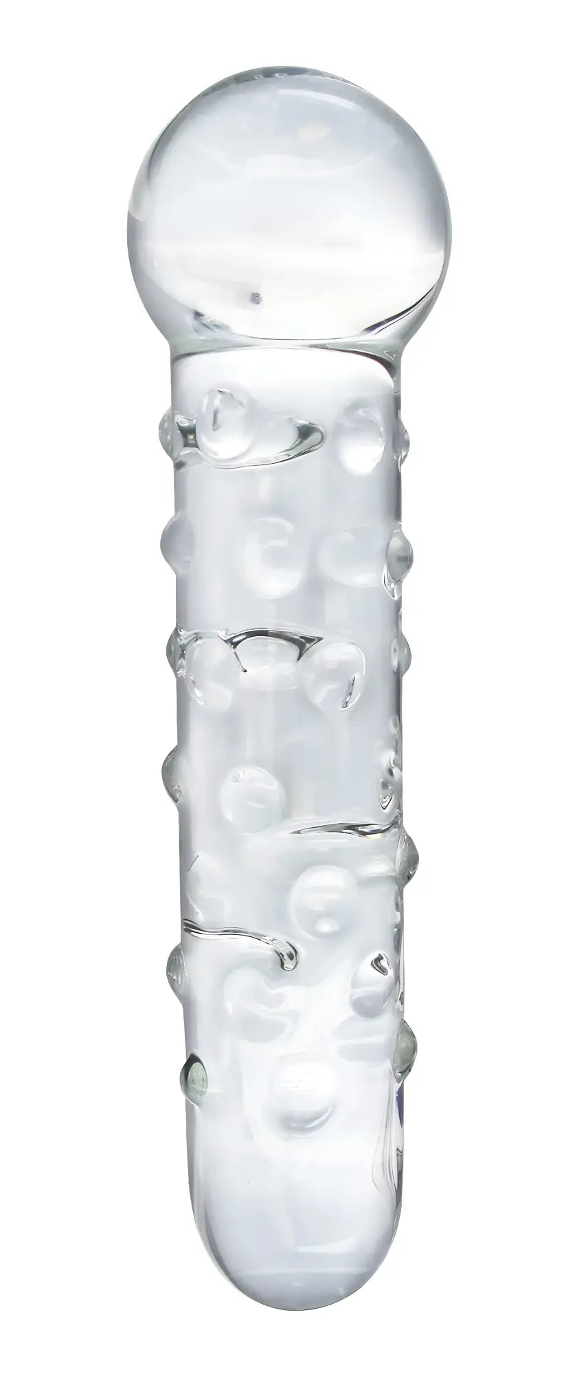 Prisms Erotic Glass The Ram: A clear, cylindrical glass toy with a rounded head and textured, bubbly surface.