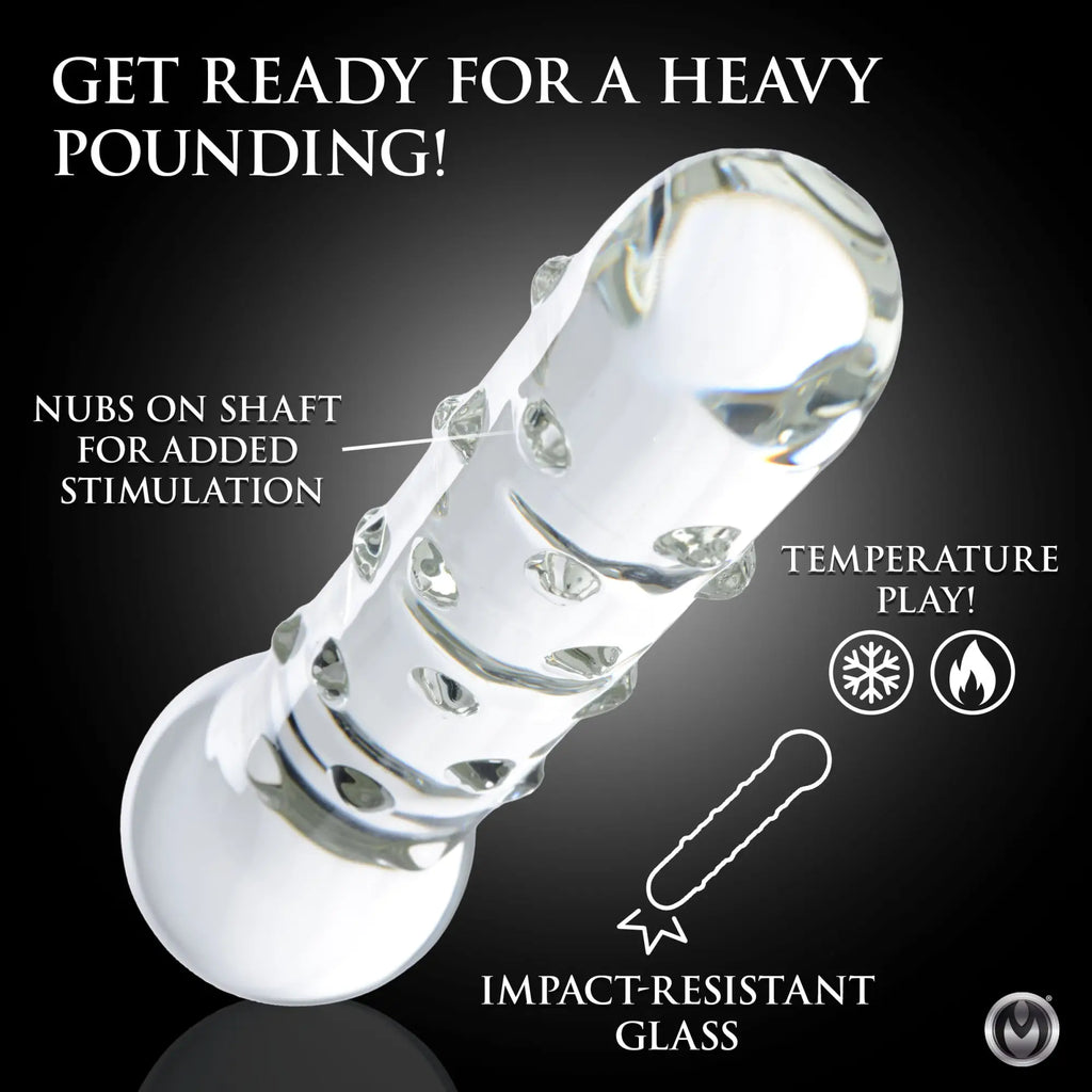 Prisms Erotic Glass The Ram: clear, textured glass dildo with nubs on the shaft and a flared base for safe play.