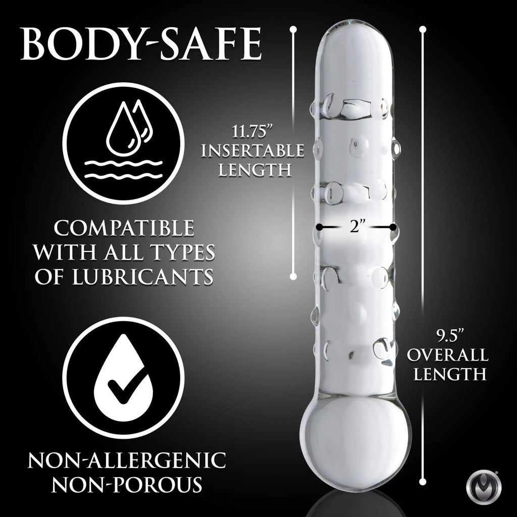 Prisms Erotic Glass The Ram: Clear, textured glass dildo with measurement specs and body-safe features listed.
