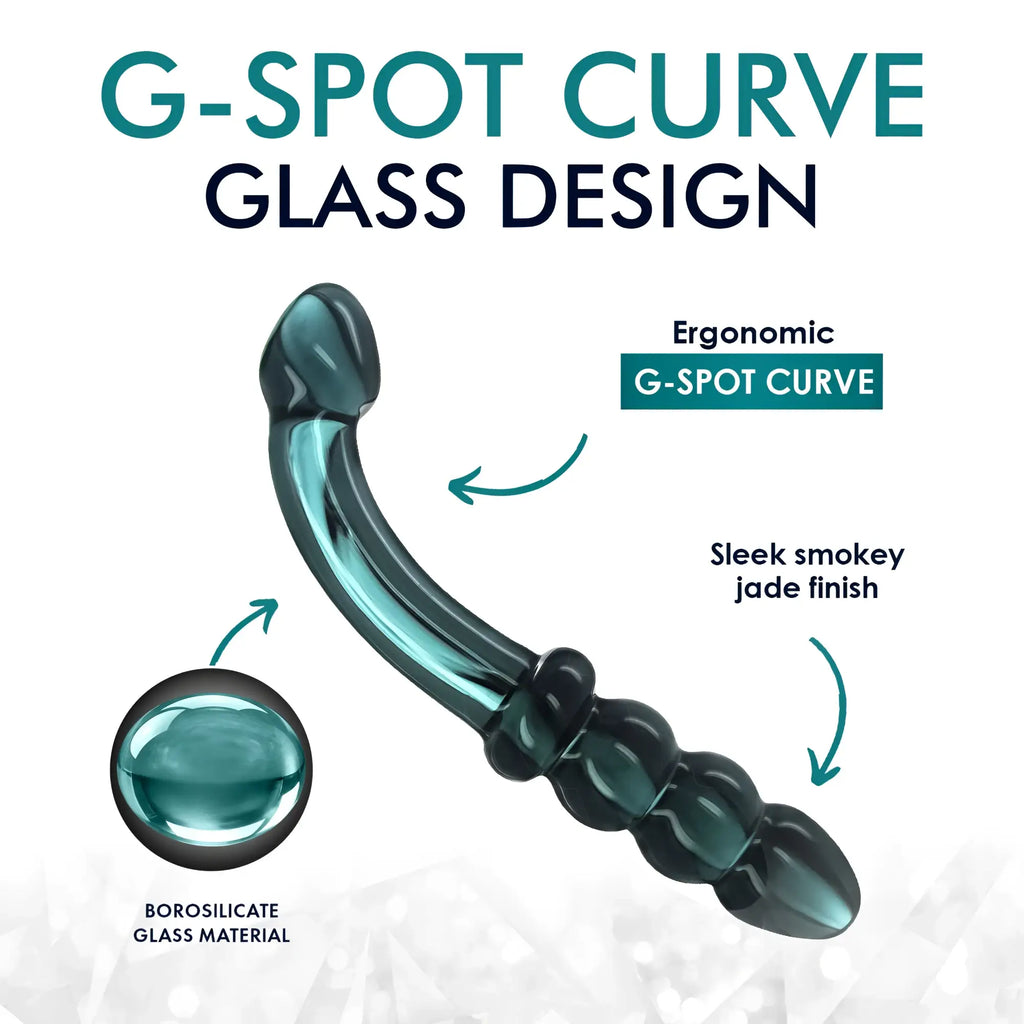 Prisms Smoky Jade Curved Glass Dildo featuring an ergonomic G-spot curve and a textured handle in translucent green.