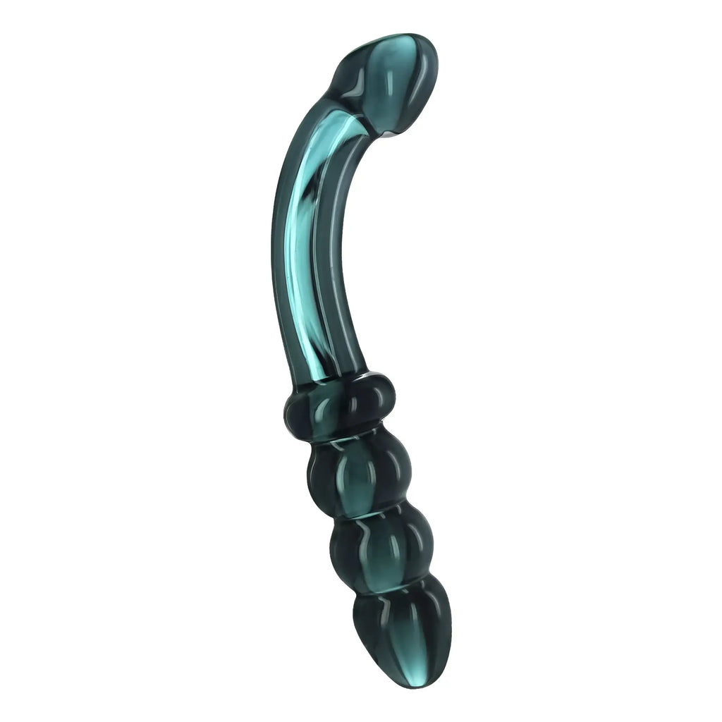 Prisms Erotic smoky jade curved glass dildo, featuring a smooth, textured base and a translucent, teal-tinted finish.