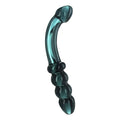 Prisms Erotic smoky jade curved glass dildo, featuring a smooth, textured base and a translucent, teal-tinted finish.