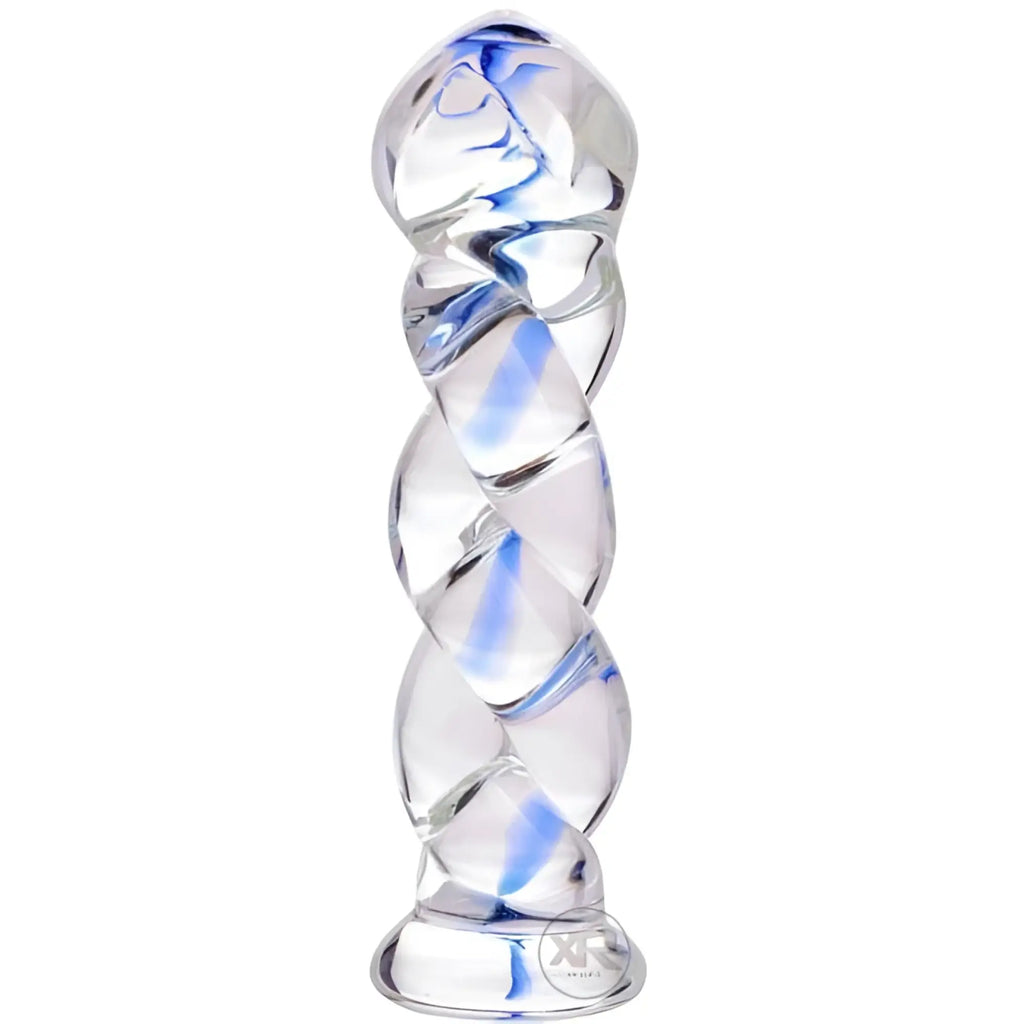 Prisms Erotic Glass Soma twisted dildo in clear glass with a blue swirling inner design and a flat suction base.