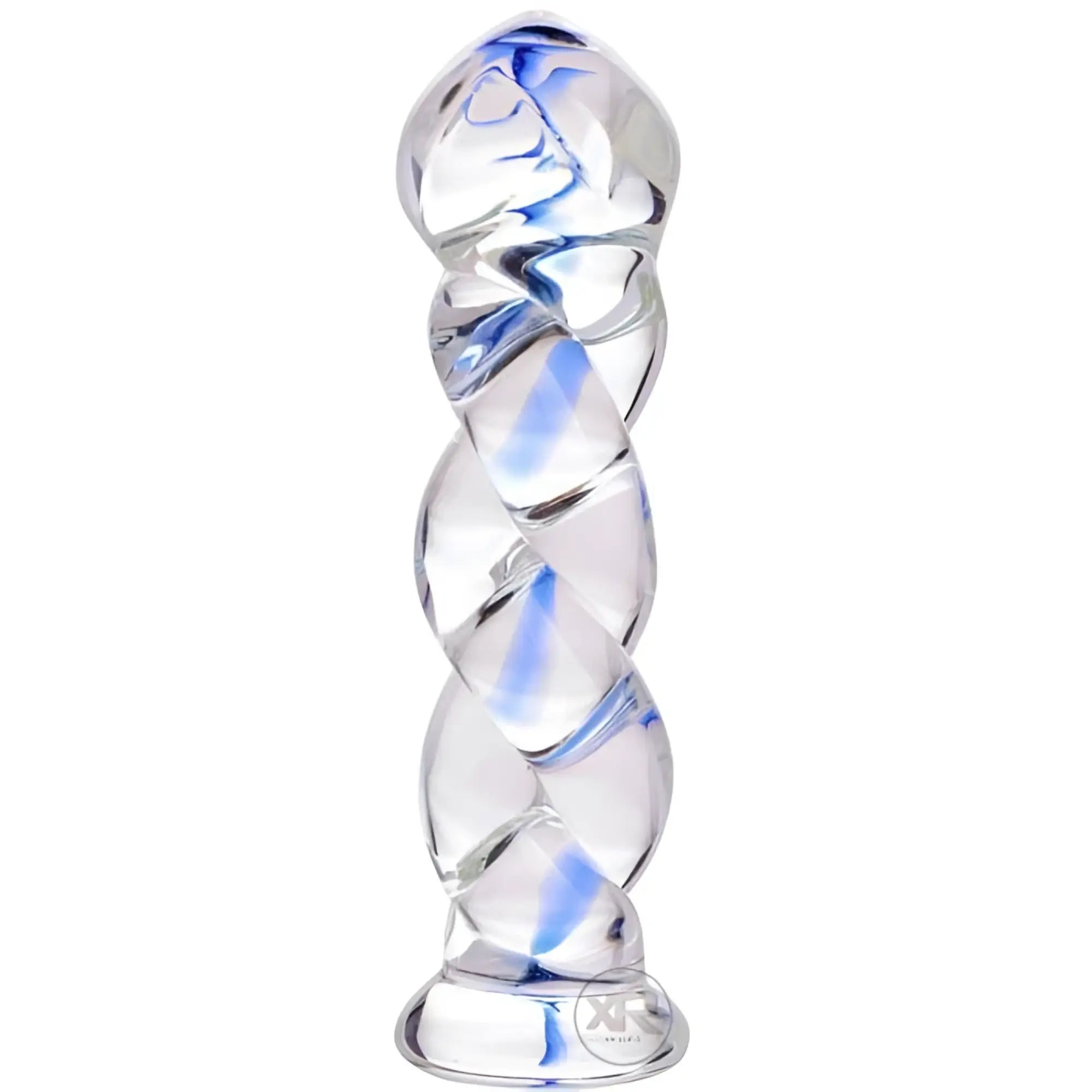 Prisms Erotic Glass Soma twisted dildo in clear glass with a blue swirling inner design and a flat suction base.