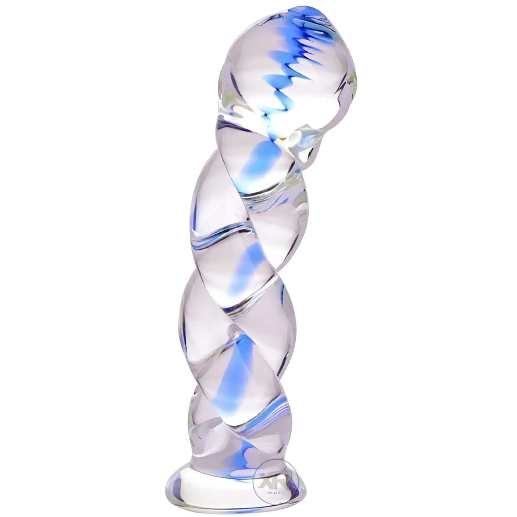 Prisms Erotic Glass Soma Twisted dildo: clear, borosilicate glass with a blue internal spiral design and flared base.
