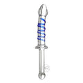 Prisms Erotic Glass Thruster dildo: clear glass with a blue spiral design, flared base, and a smooth, tapered tip.