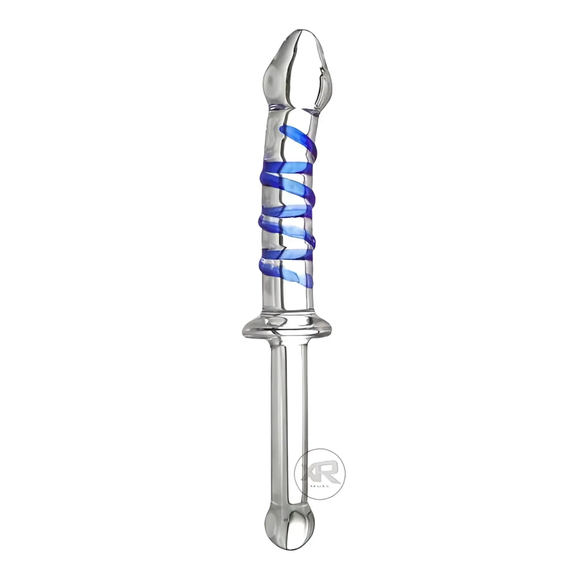 Prisms Erotic Glass Thruster dildo: clear glass with a blue spiral design, flared base, and a smooth, tapered tip.