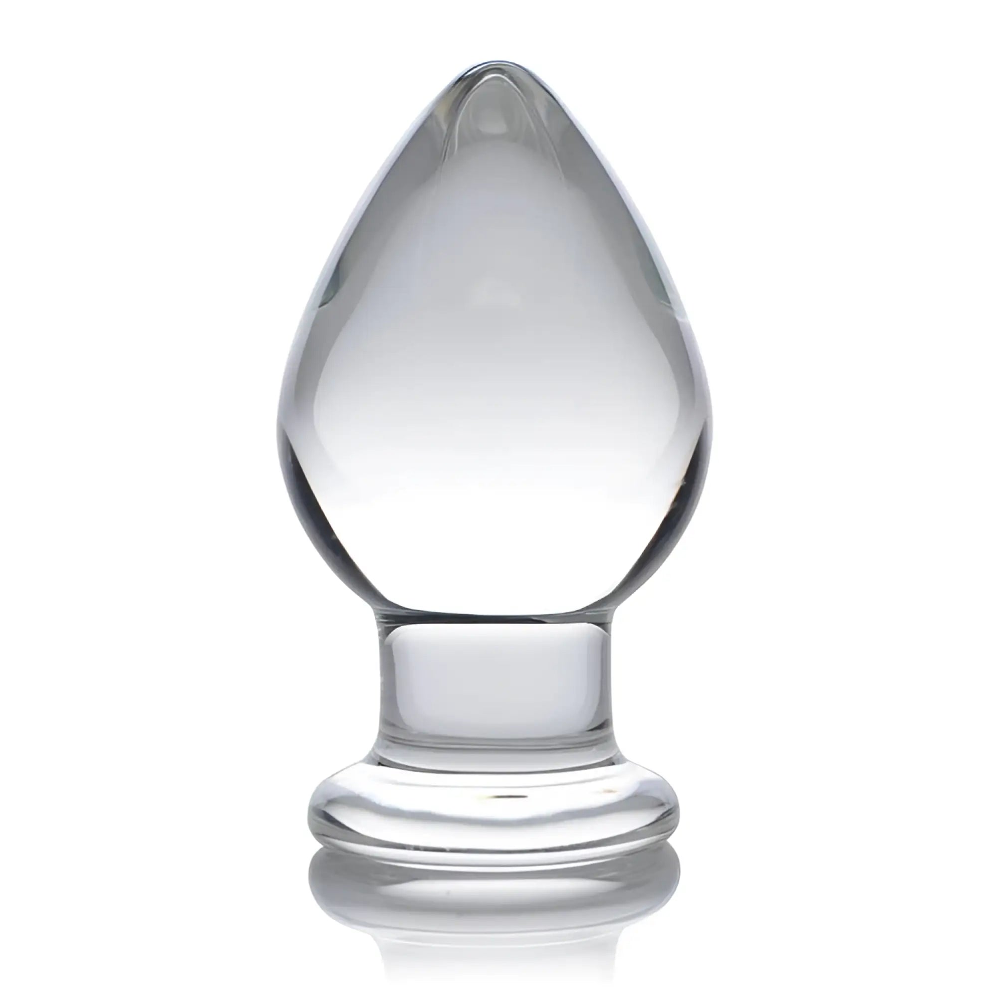 Prisms Erotic clear, wide glass butt plug with a smooth, teardrop-shaped head and a flared base on a white background.