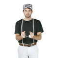 Black and white striped prison-style cap with number 886688 for prisoner dress-up kit costume accessory