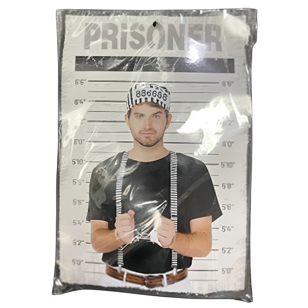 Prisoner dress-up kit featuring a printed mugshot costume with black t-shirt, striped hat number 88608, and silver suspenders