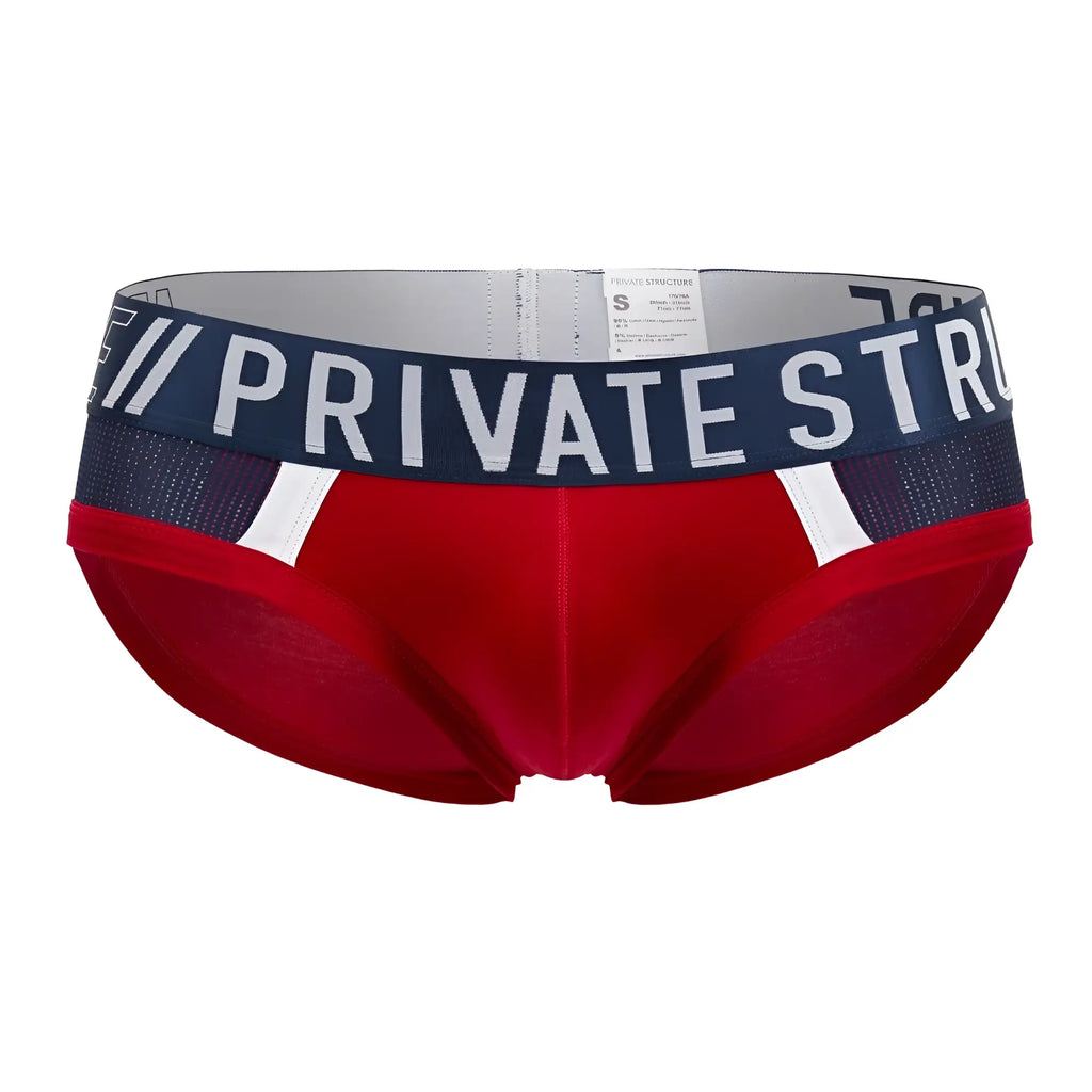Red falcon private structure athlete mini briefs with navy blue waistband white lettering and mesh detailing