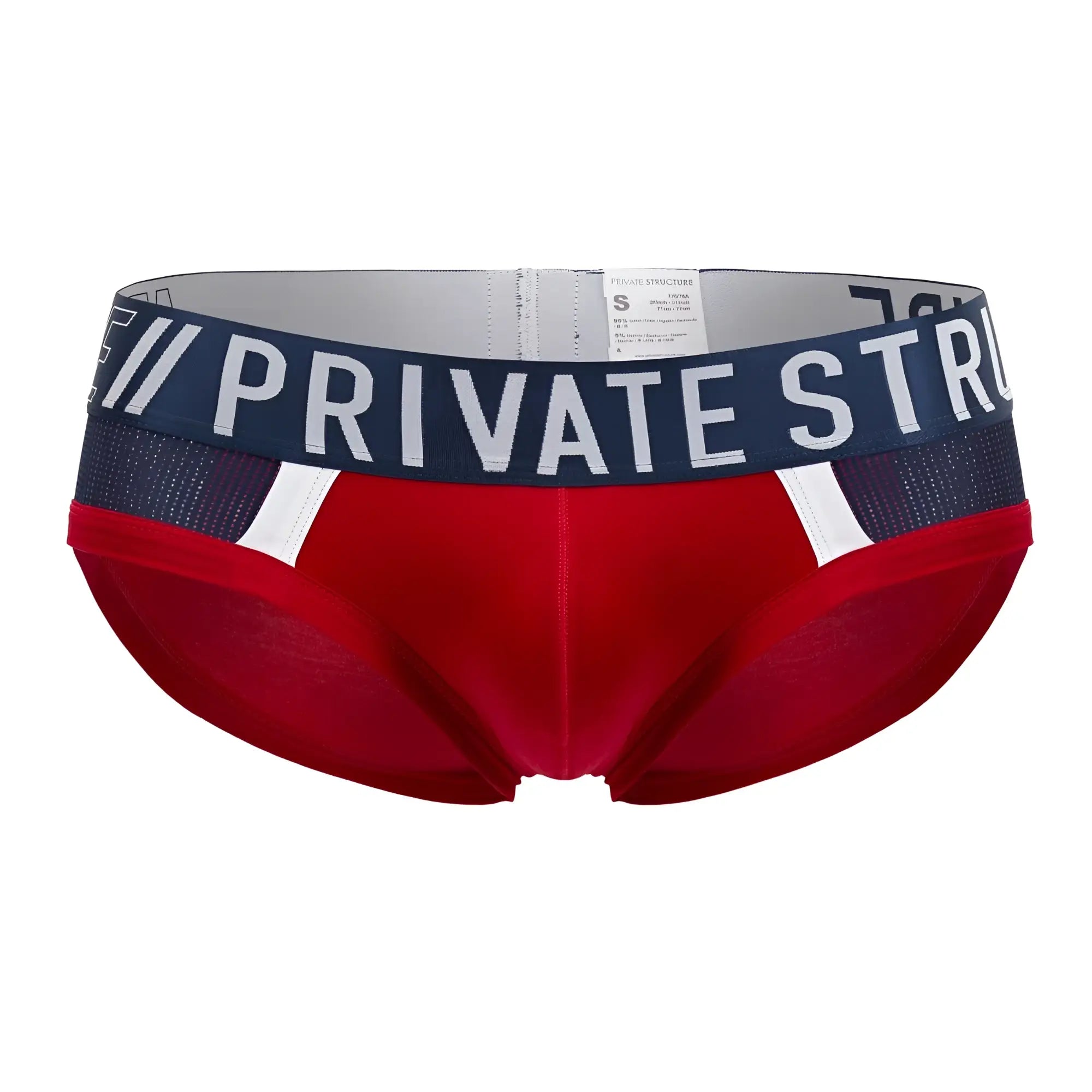 Red falcon private structure athlete mini briefs with navy blue waistband white lettering and mesh detailing