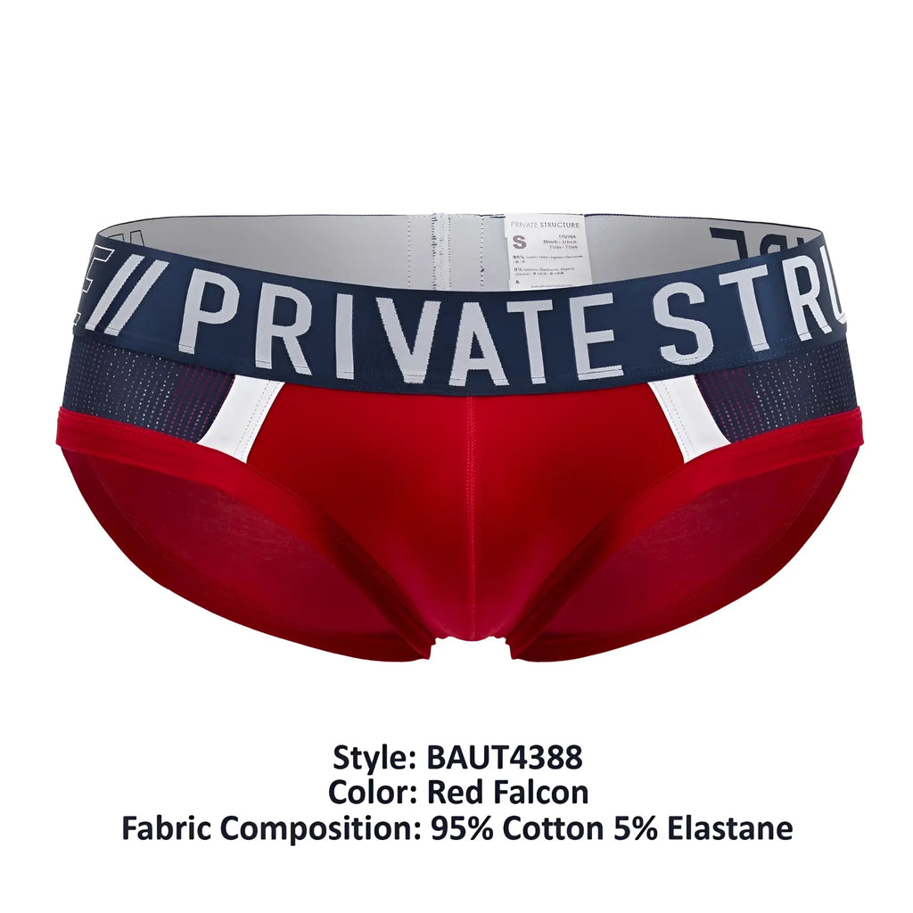 Red men’s briefs with navy blue waistband and white private str lettering featuring mesh panels in red falcon color