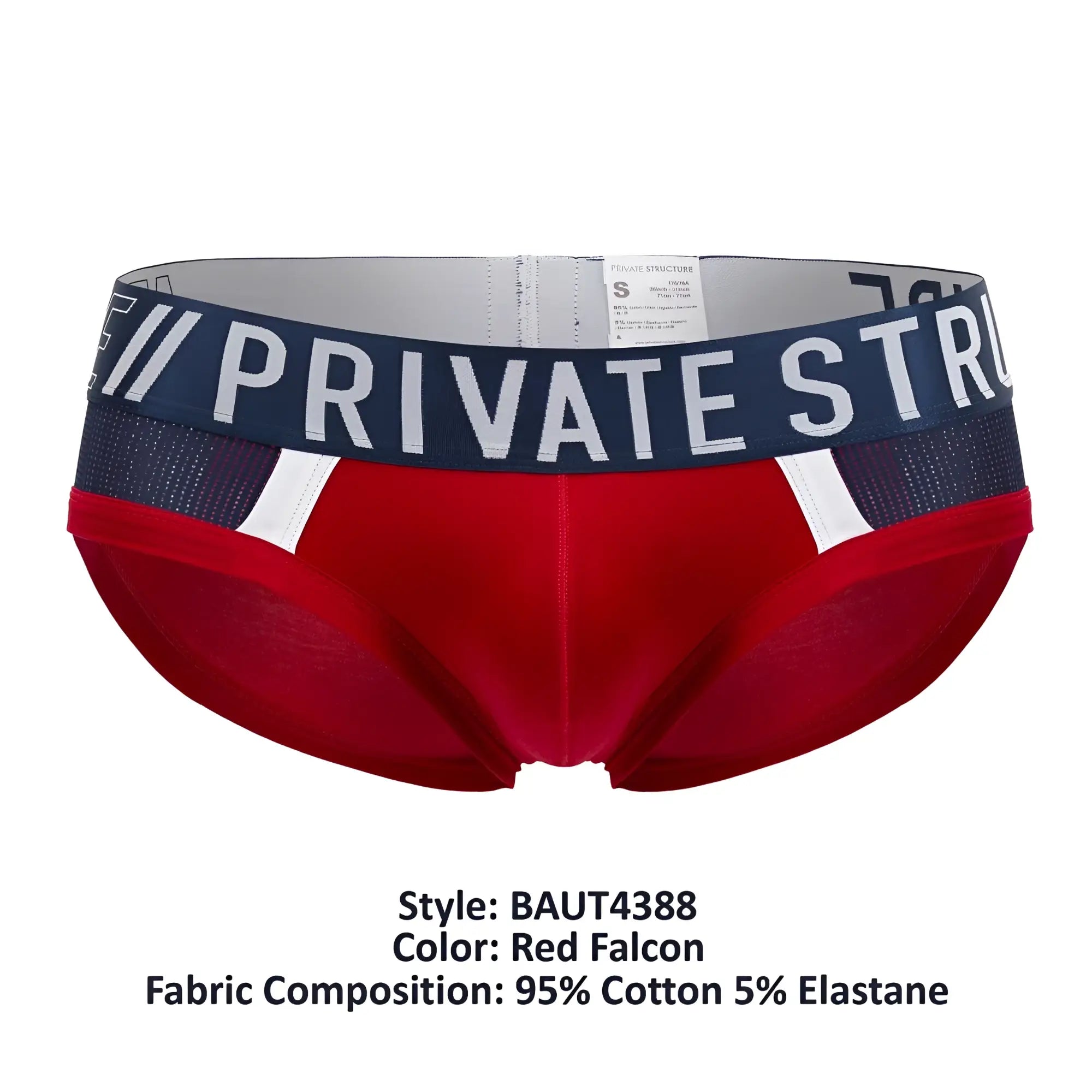 Red men’s briefs with navy blue waistband and white private str lettering featuring mesh panels in red falcon color