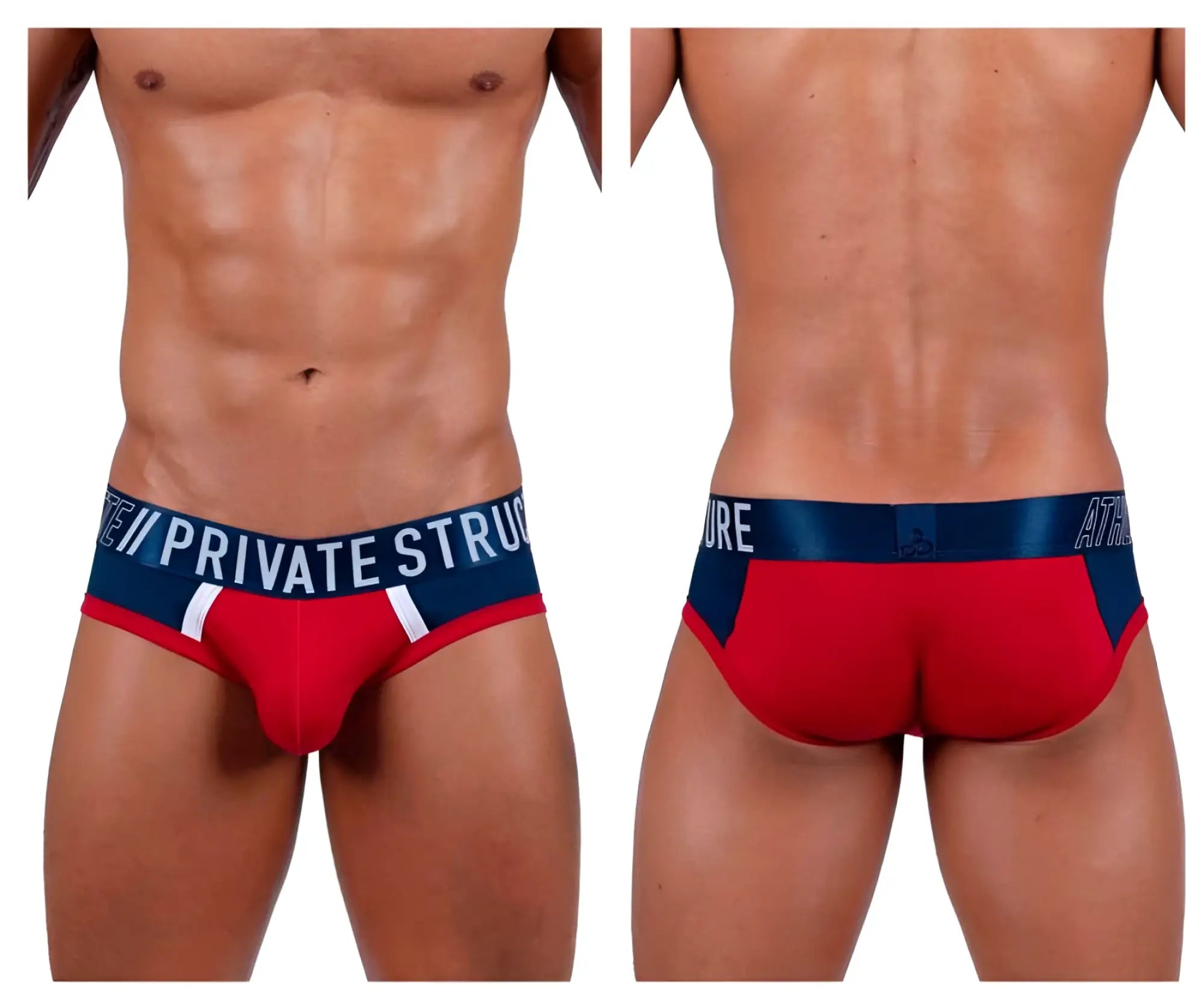 Red falcon private structure baut4388 athlete mini briefs in red and navy blue with white trim and branding waistband