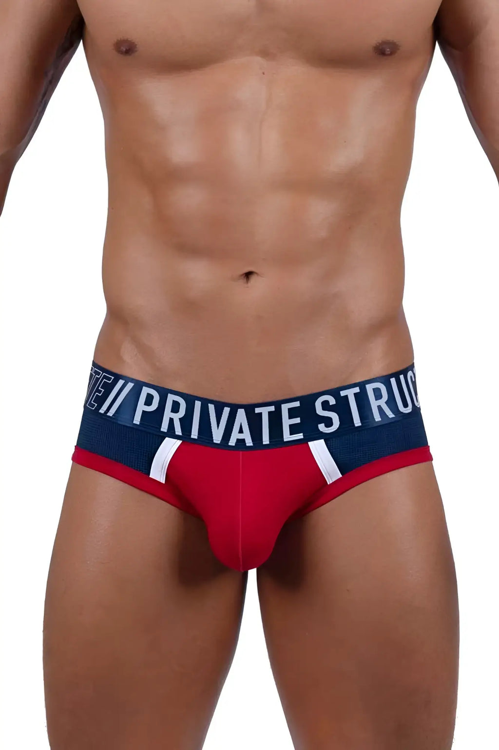 Red falcon private structure baut4388 athlete mini briefs in red and navy blue with white stripes and branded waistband