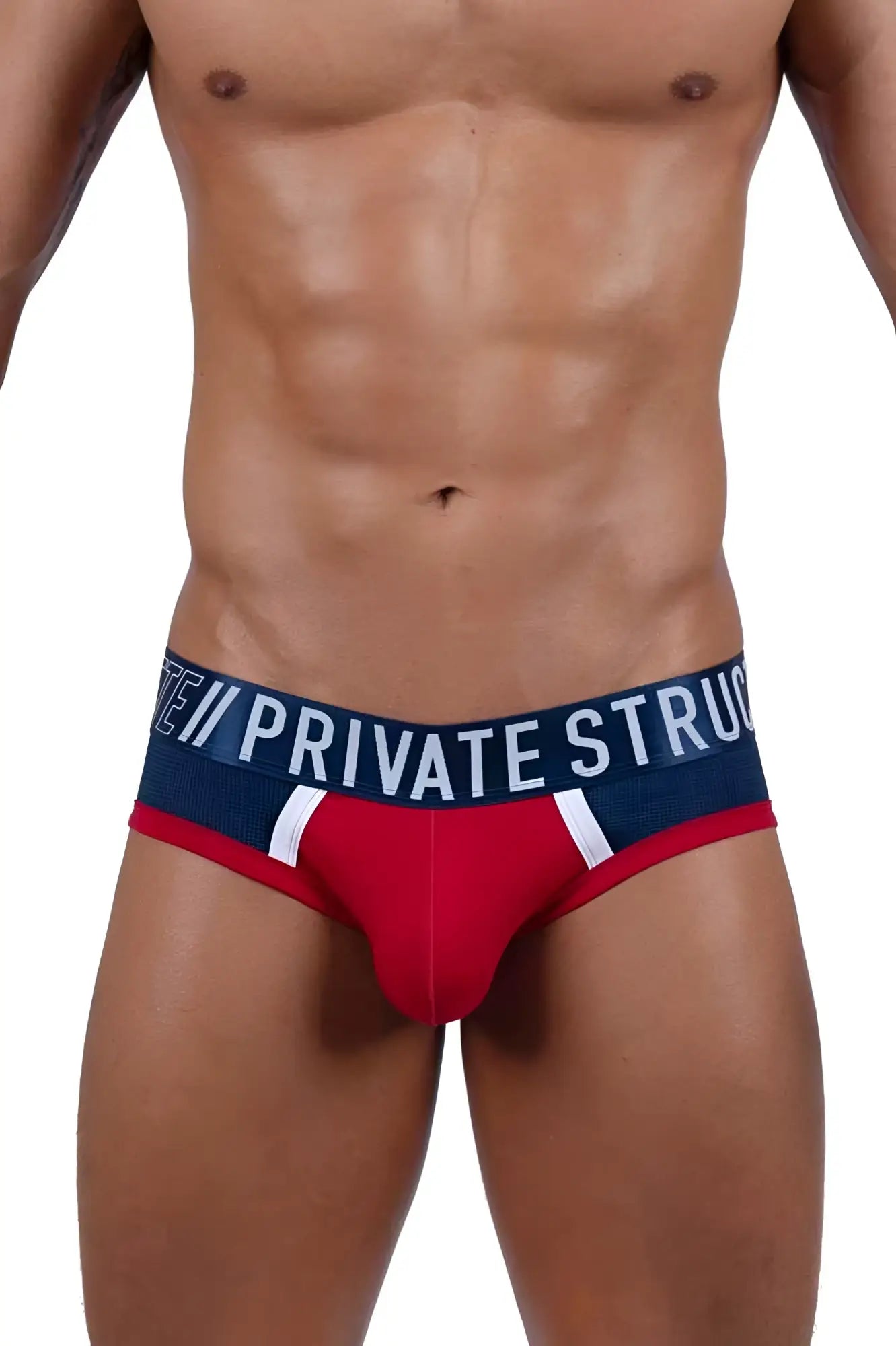 Red falcon private structure baut4388 athlete mini briefs in red and navy blue with white stripes and branded waistband