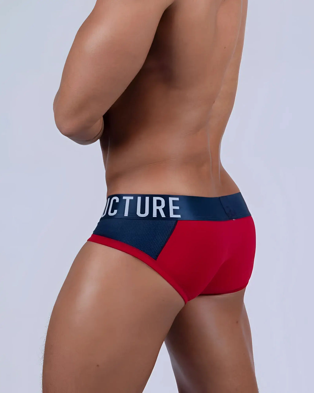 Red and navy blue private structure baut4388 athlete mini briefs with bold structure logo on waistband in red falcon color