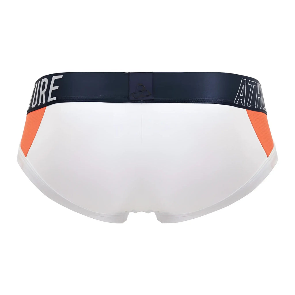 White private structure baut4388 athlete mini briefs with orange side panels and navy waistband with white lettering