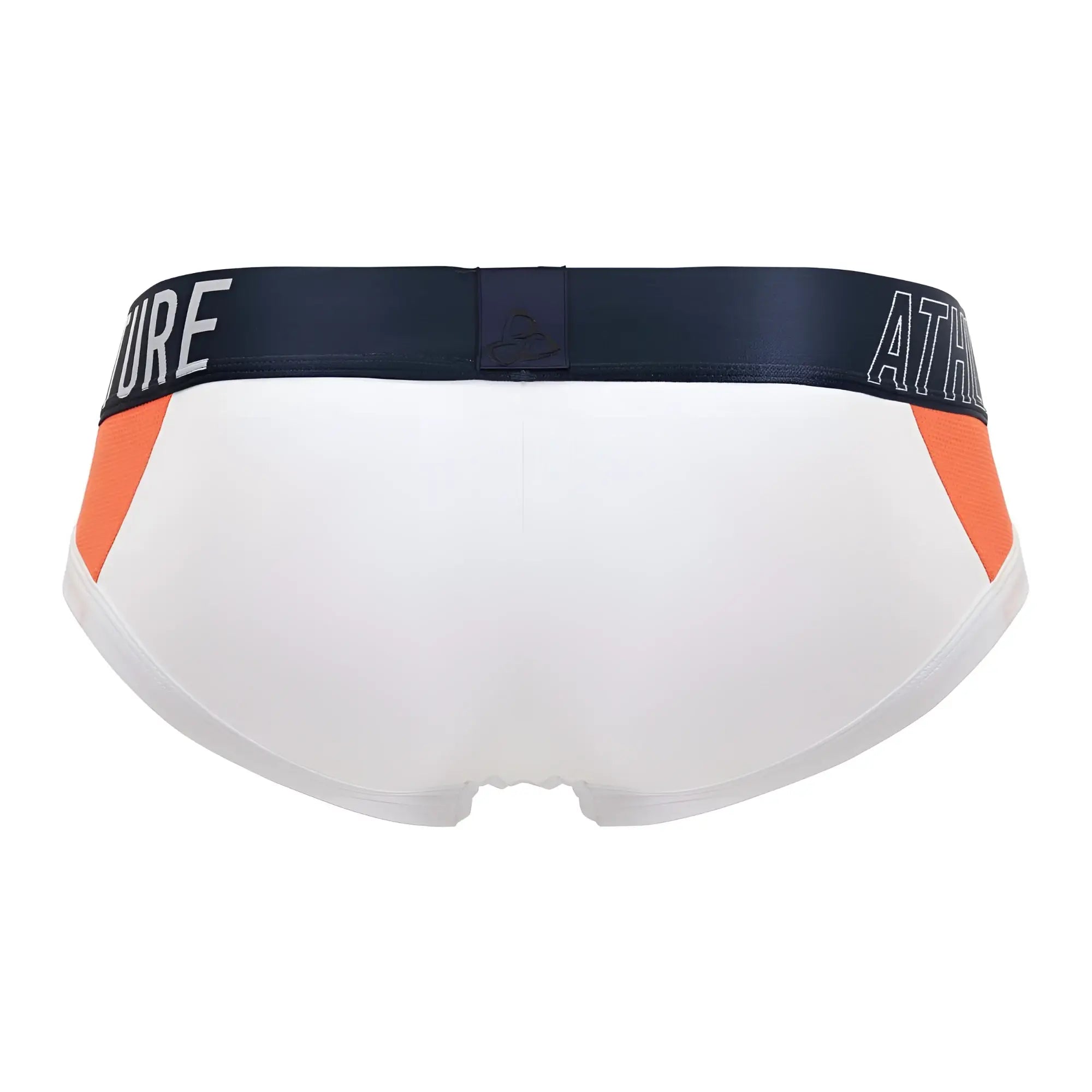 White private structure baut4388 athlete mini briefs with orange side panels and navy waistband with white lettering
