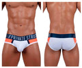 White private structure baut4388 athlete mini briefs with navy waistband white logo and orange black trim