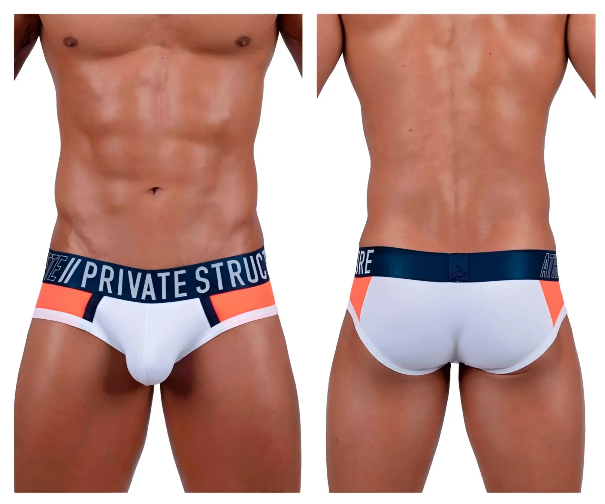 White private structure baut4388 athlete mini briefs with navy waistband white logo and orange black trim