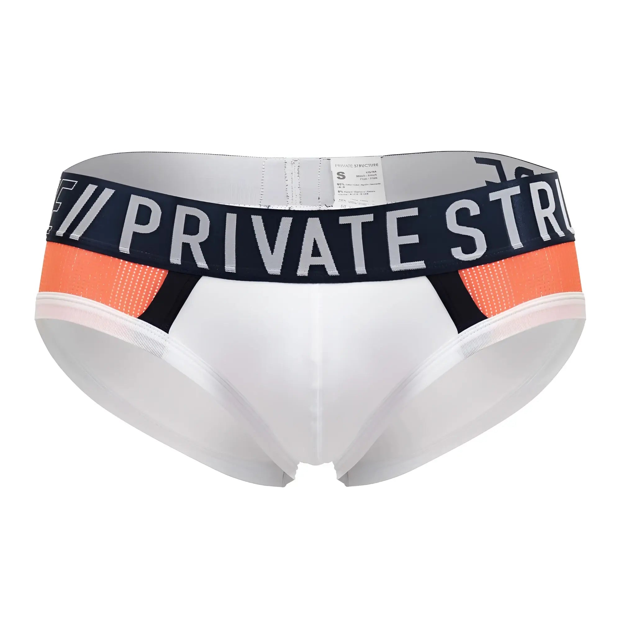White private structure baut4388 athlete mini briefs with navy waistband private str lettering and orange mesh accents