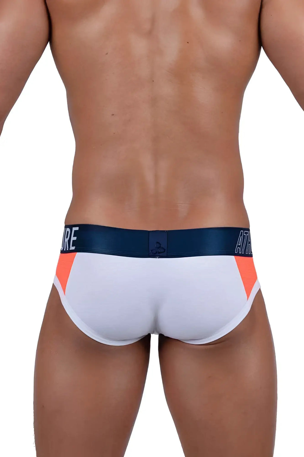 White and orange Private Structure BAUT4388 athlete mini briefs with navy blue waistband and atr branding