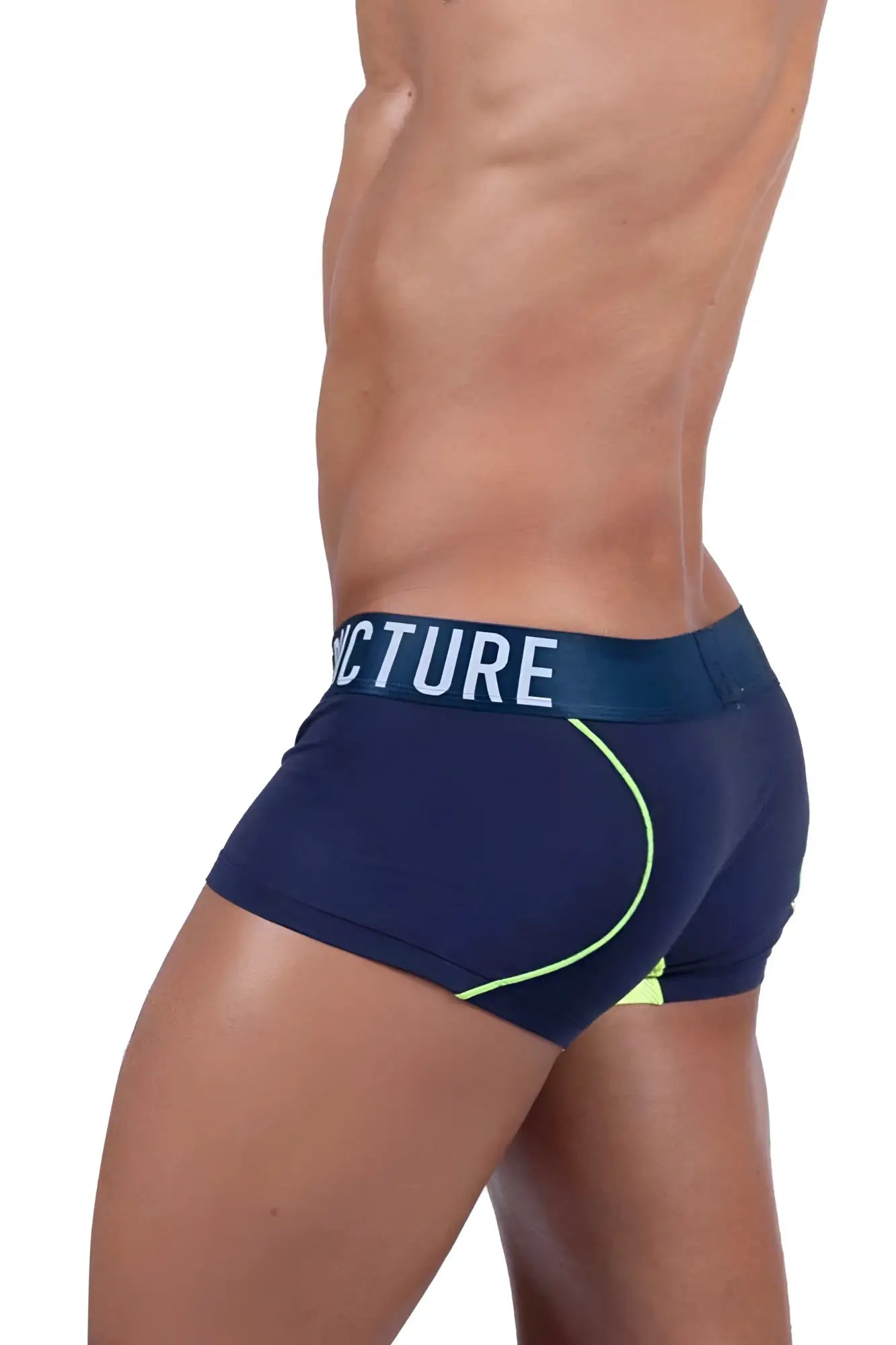Navy ranger athletic briefs with neon yellow trim and white structure logo waistband by private structure