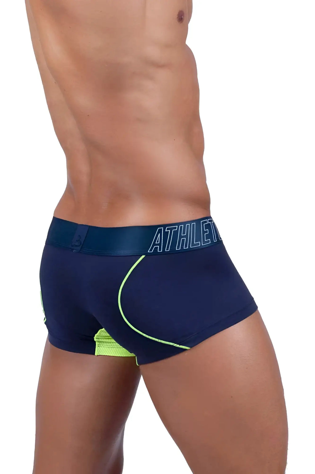 Private structure baut4389 athlete trunks in navy ranger with neon green trim and light blue athletic waistband