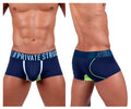 Navy blue private structure baut4389 athlete trunks with white neon green accents and branded waistband