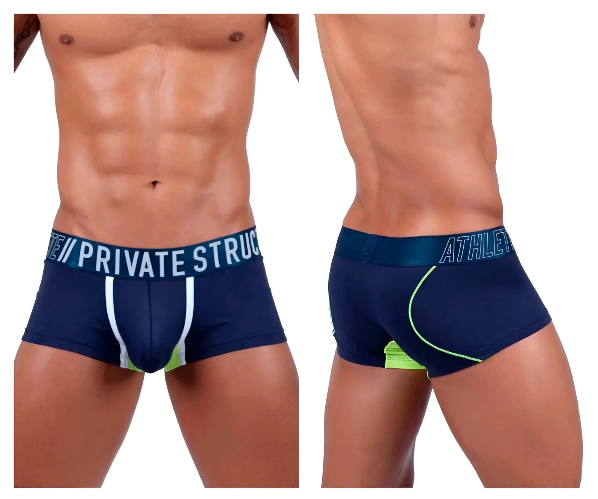 Navy blue private structure baut4389 athlete trunks with white neon green accents and branded waistband
