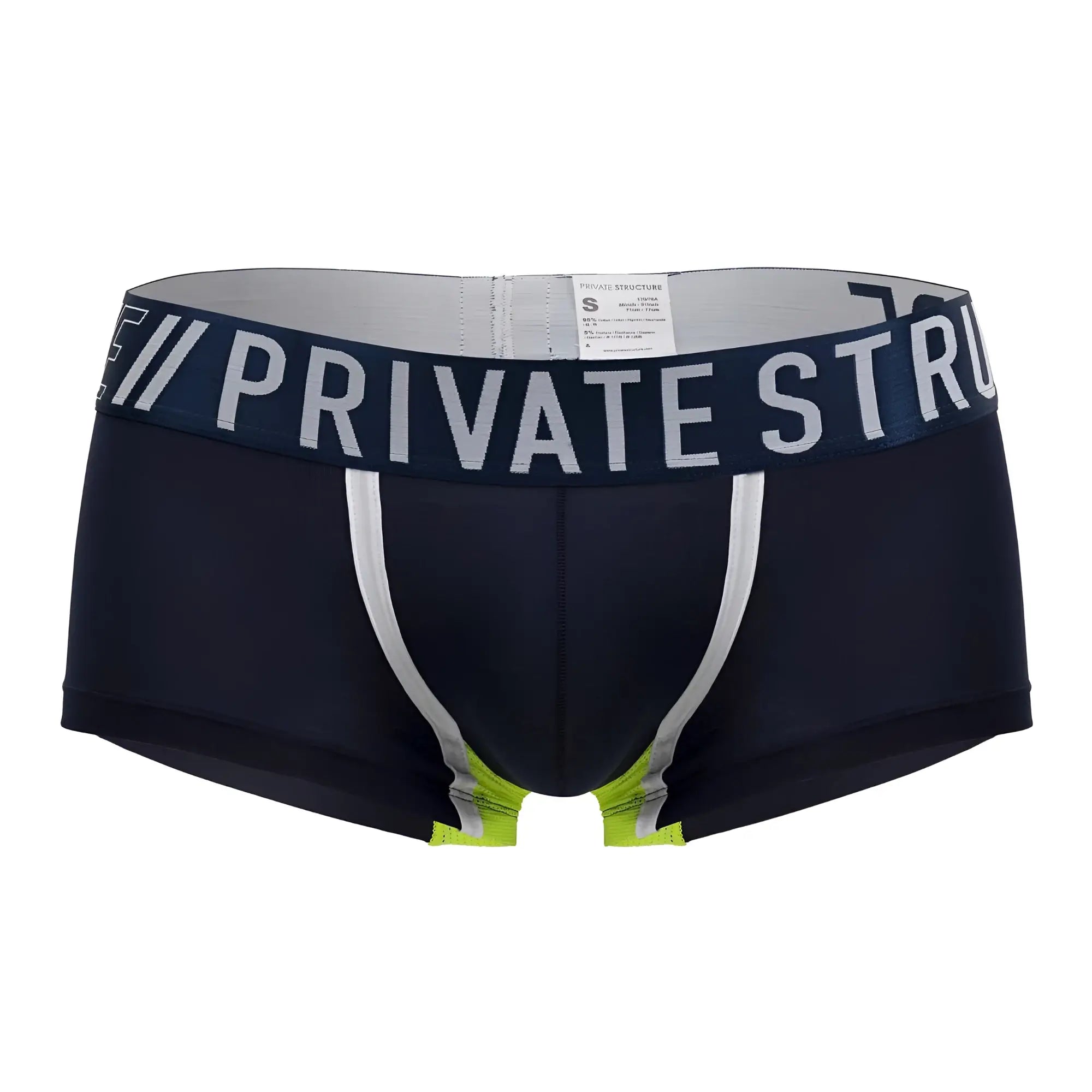 Navy ranger men’s boxer briefs with white and neon green accents featuring private structure waistband design