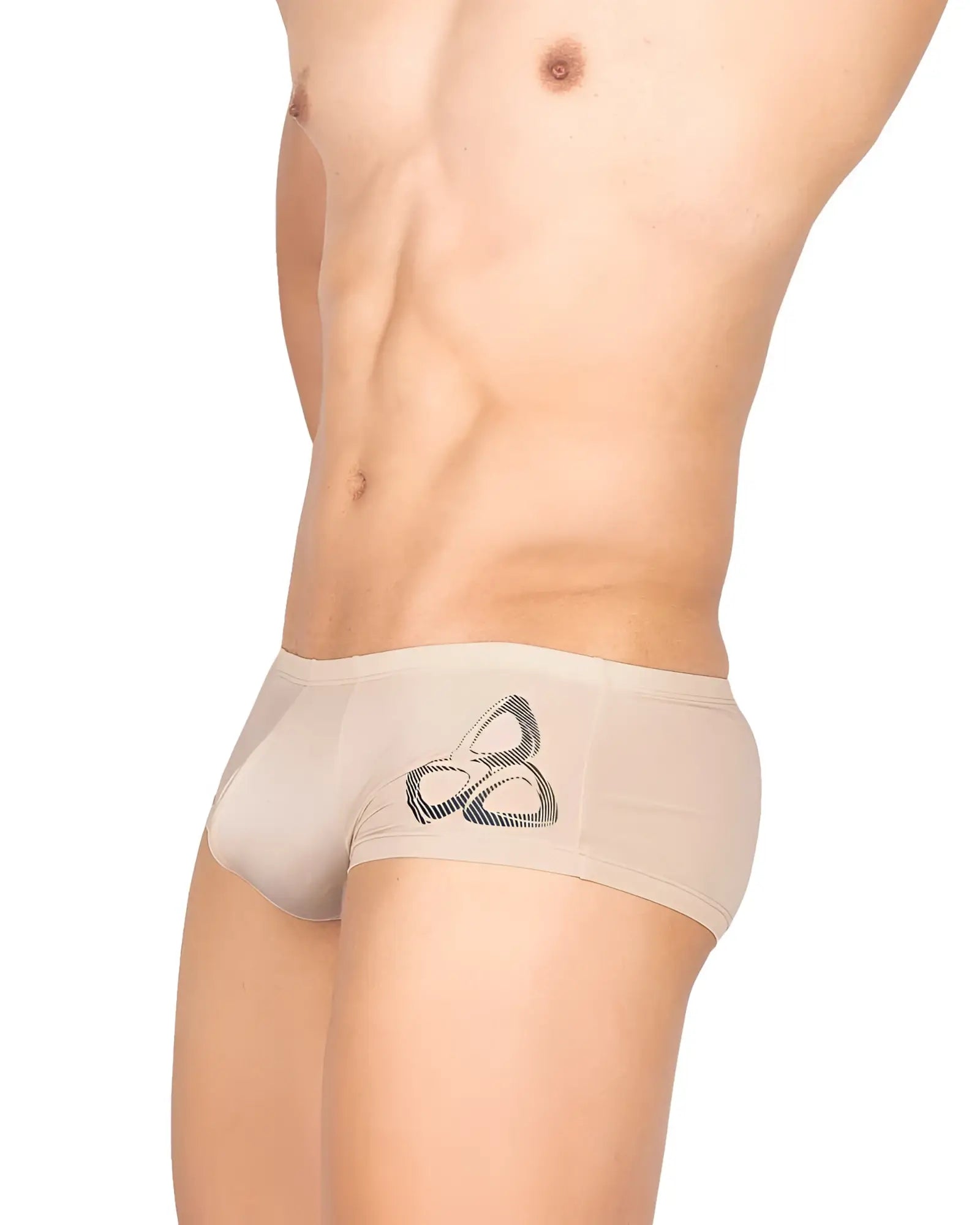Beige private structure brut4390 bare hipster men’s briefs with a black and gray geometric logo on the front
