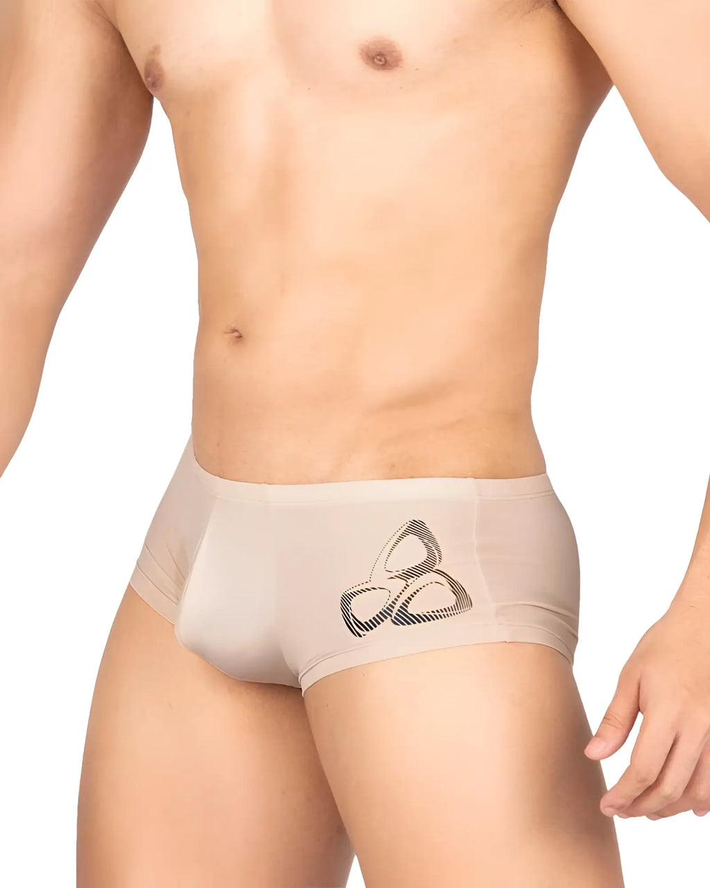 Beige sheer briefs with a black geometric knot design on the front from Private Structure BRUT4390 Bare Hipster Nude