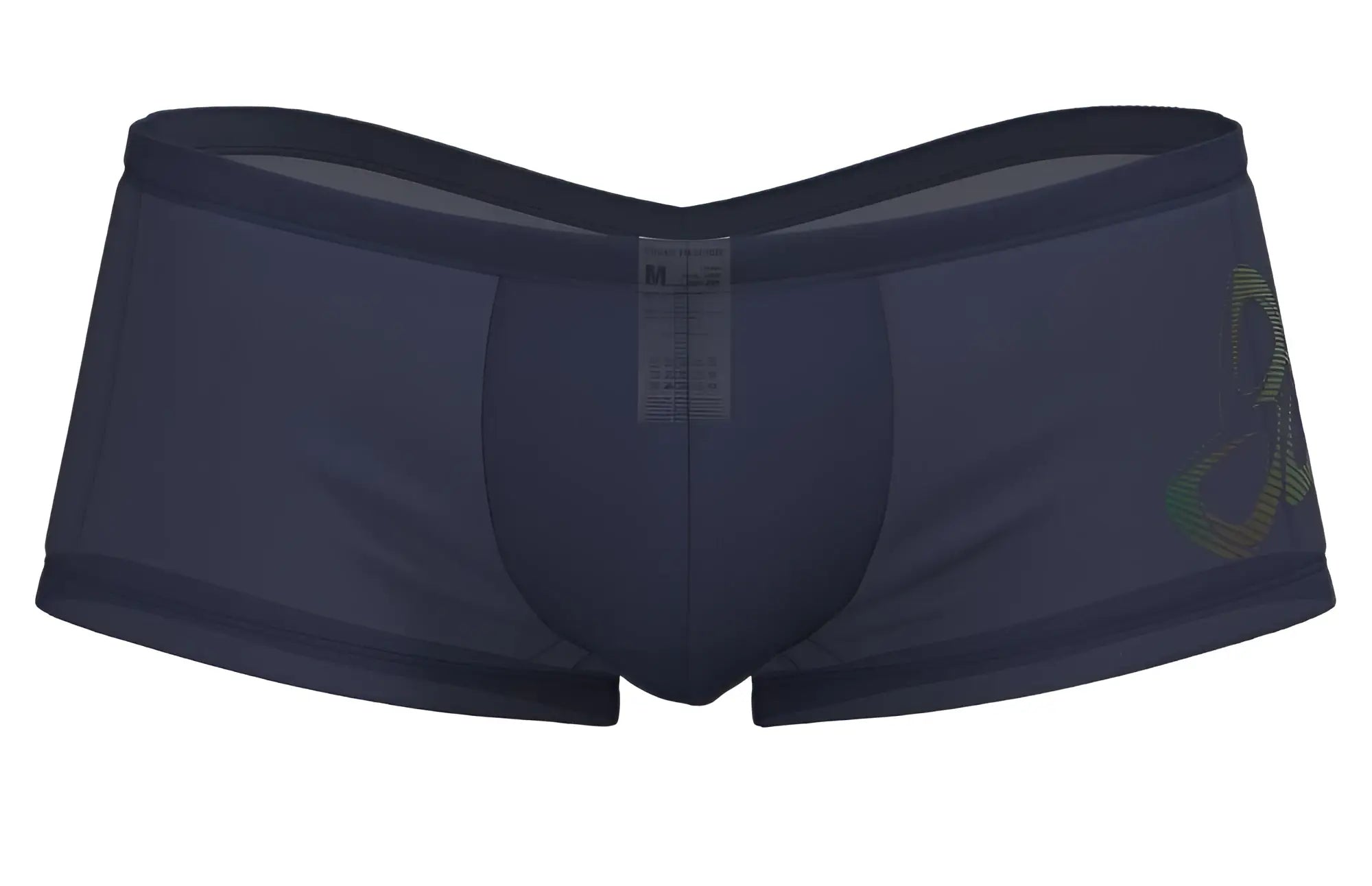 Navy blue men’s silk briefs with subtle green and gold abstract logo on the side private structure brut4390 bare hipster