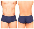 Navy blue stretch silk briefs with subtle logo on left hip and ruched back detailing showing back side