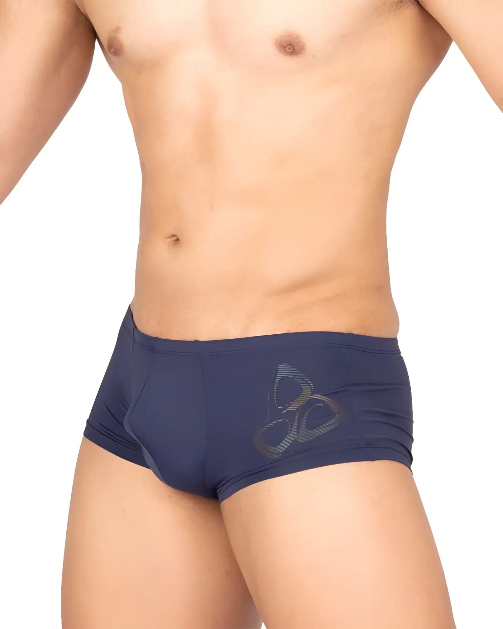 Navy blue silk hipster briefs by Private Structure with a subtle gray abstract logo on the side