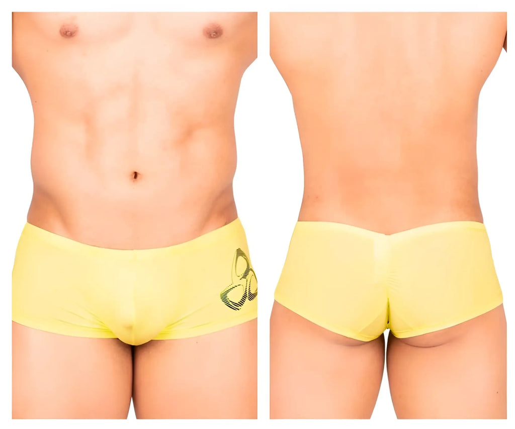 Bright yellow men’s briefs by private structure with black embroidered butterfly on left side for comfortable wear