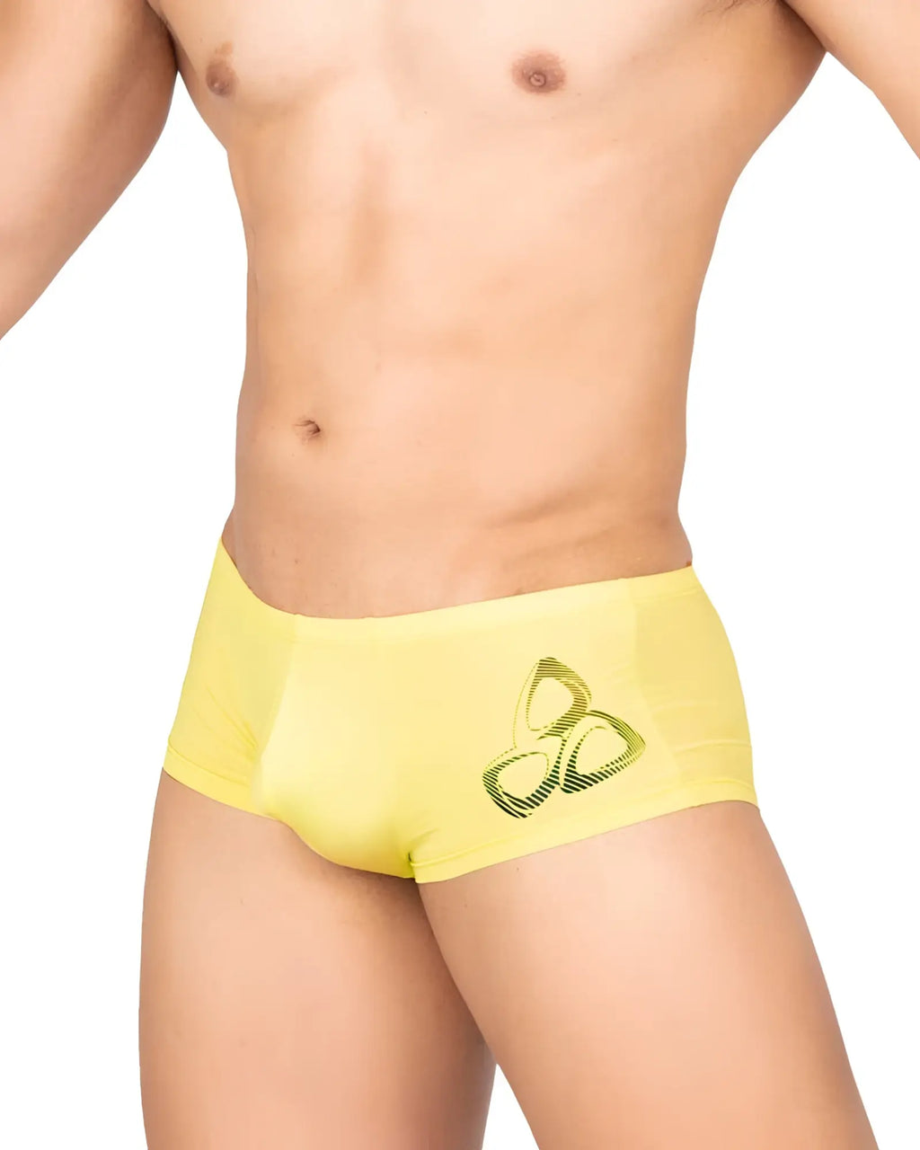 Bright yellow Private Structure BRUT4390 bare hipster briefs with green geometric logo on the side