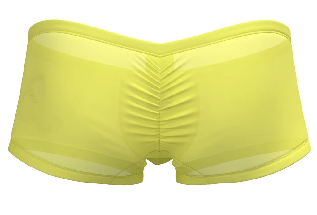 Bright yellow sheer men’s briefs with ruched back design from private structure brut4390 bare hipster collection visible from back side