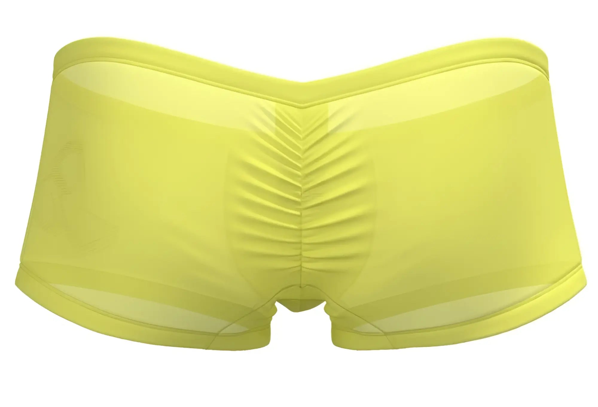 Bright yellow sheer men’s briefs with ruched back design from private structure brut4390 bare hipster collection visible from back side