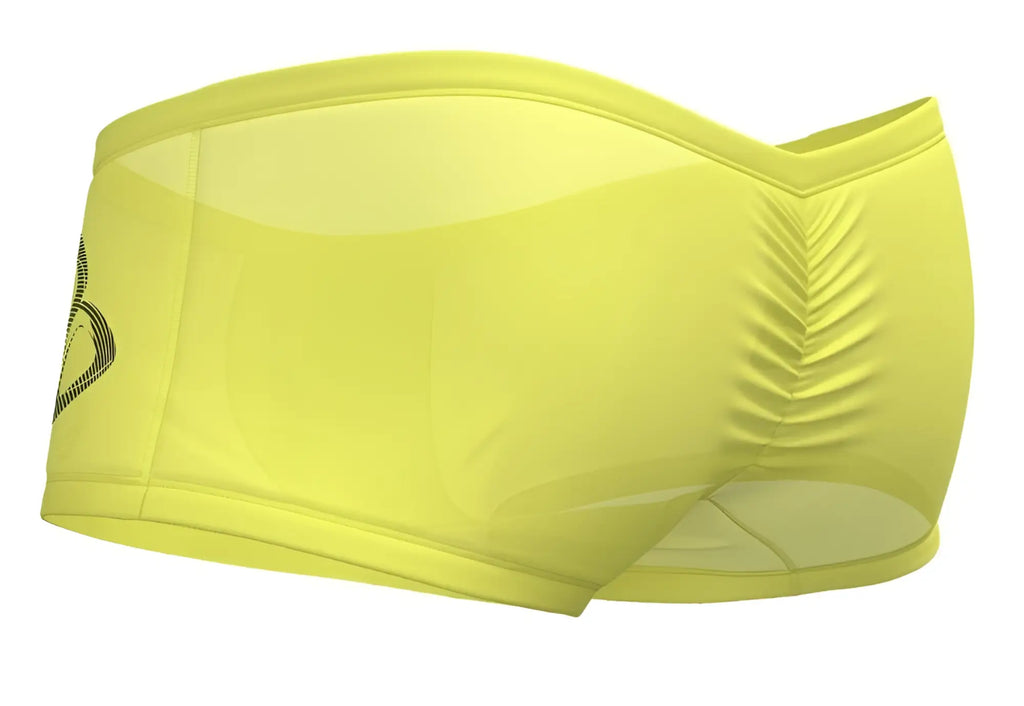 Bright yellow sheer mesh athletic briefs with vertical pleats and black logo on left hip private structure brut4390