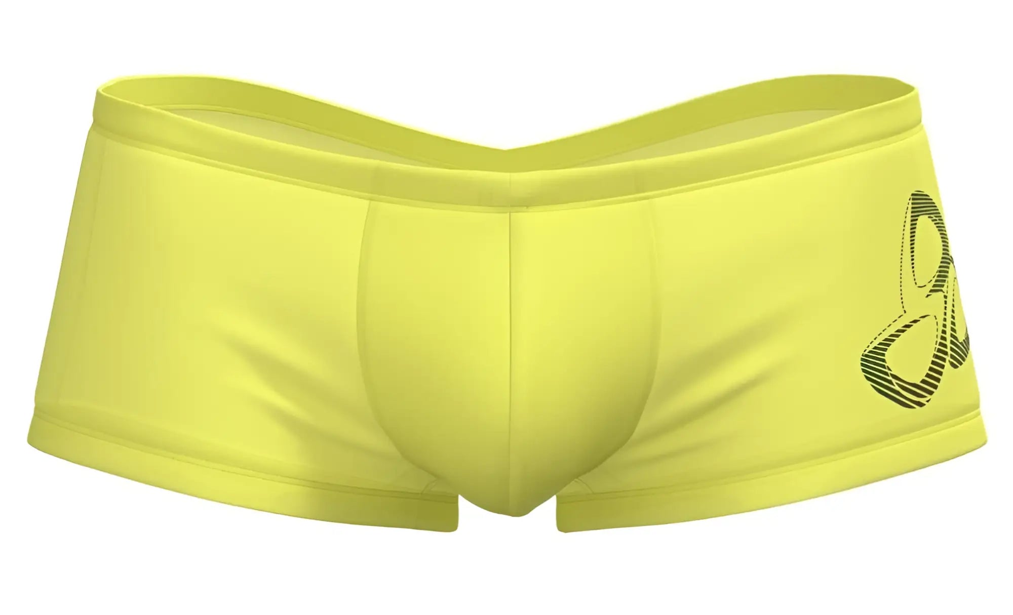 Bright yellow swim trunks with a black stylized logo on the side from private structure brut4390 bare hipster collection